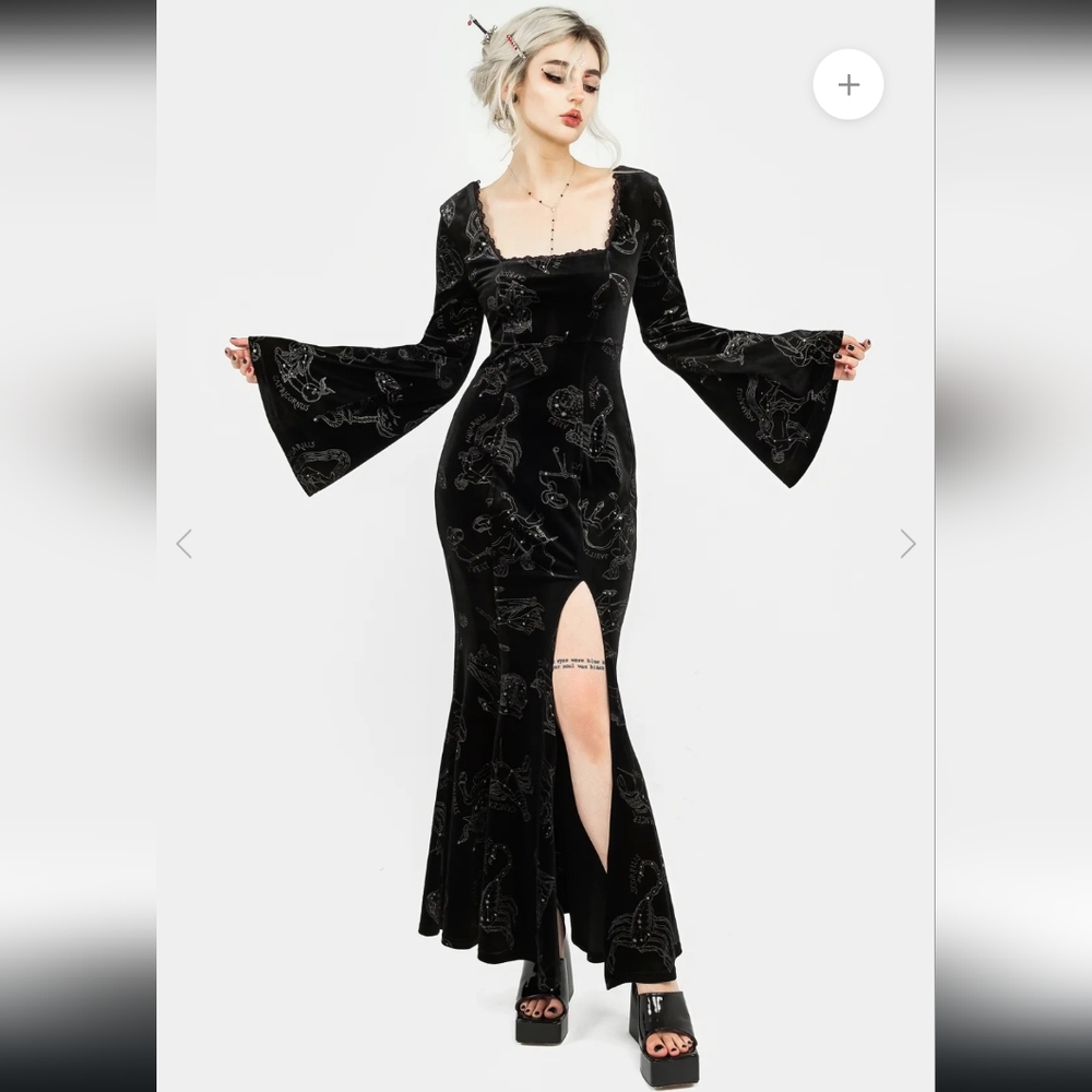 Disturbia Zodiac Foil Print Velour Flute Sleeve Black Maxi Gown US 6